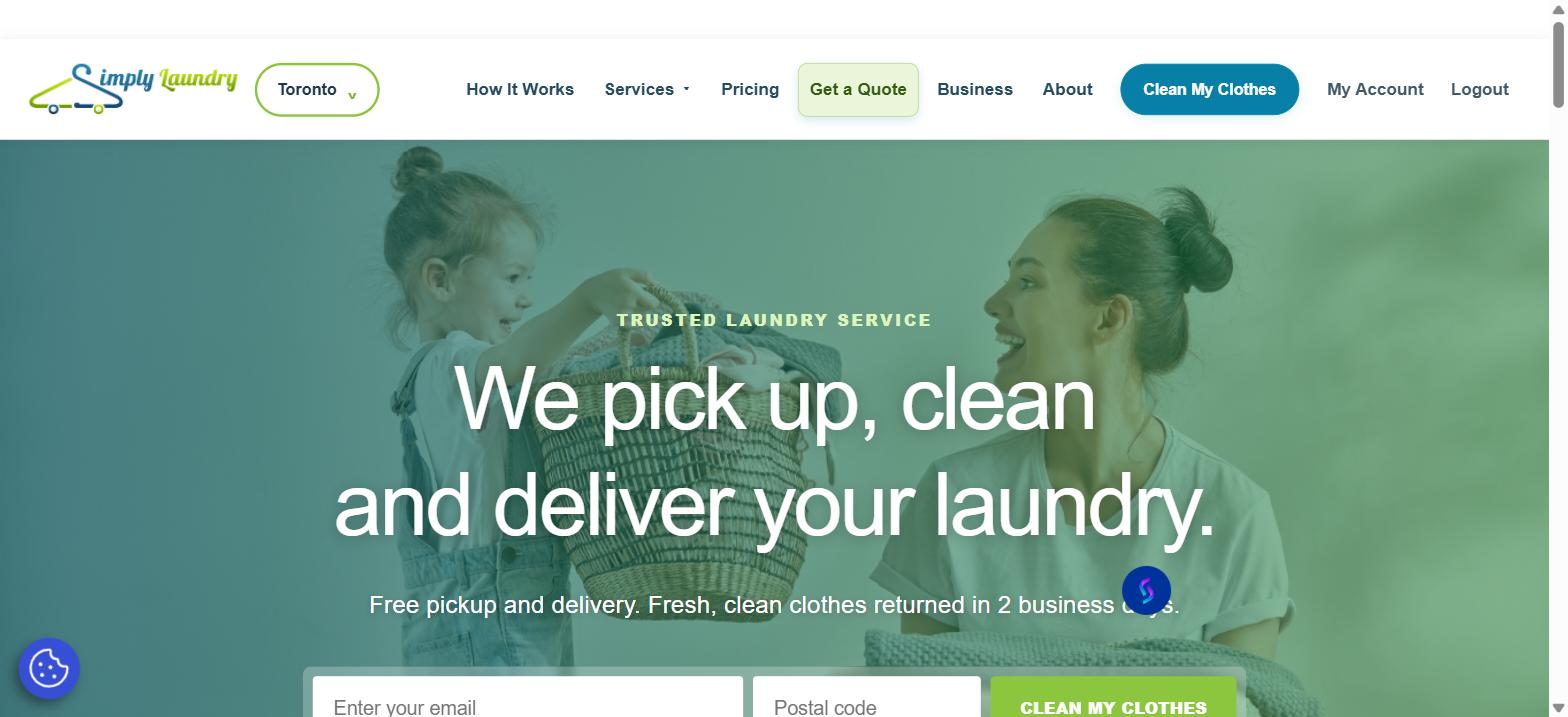 Simply Laundry homepage with the Clean My Clothes button highlighted in the navigation