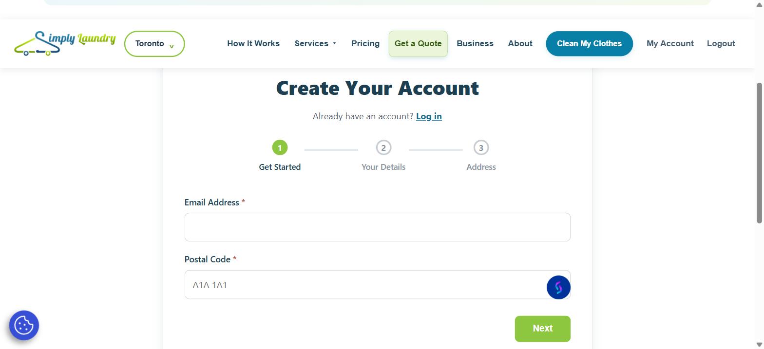 Create your account screen on Simply Laundry, showing email address and postal code fields
