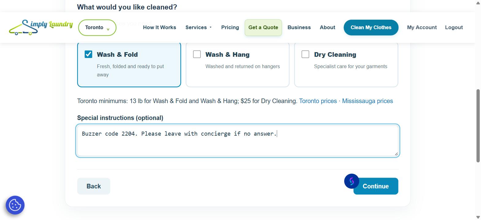 Services step of the Simply Laundry booking flow, with Wash and Fold selected and a special instructions note filled in