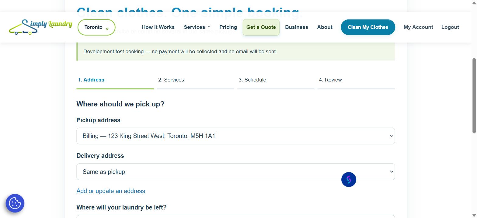 Address step of the Simply Laundry booking flow, with pickup address and delivery address set to Same as pickup