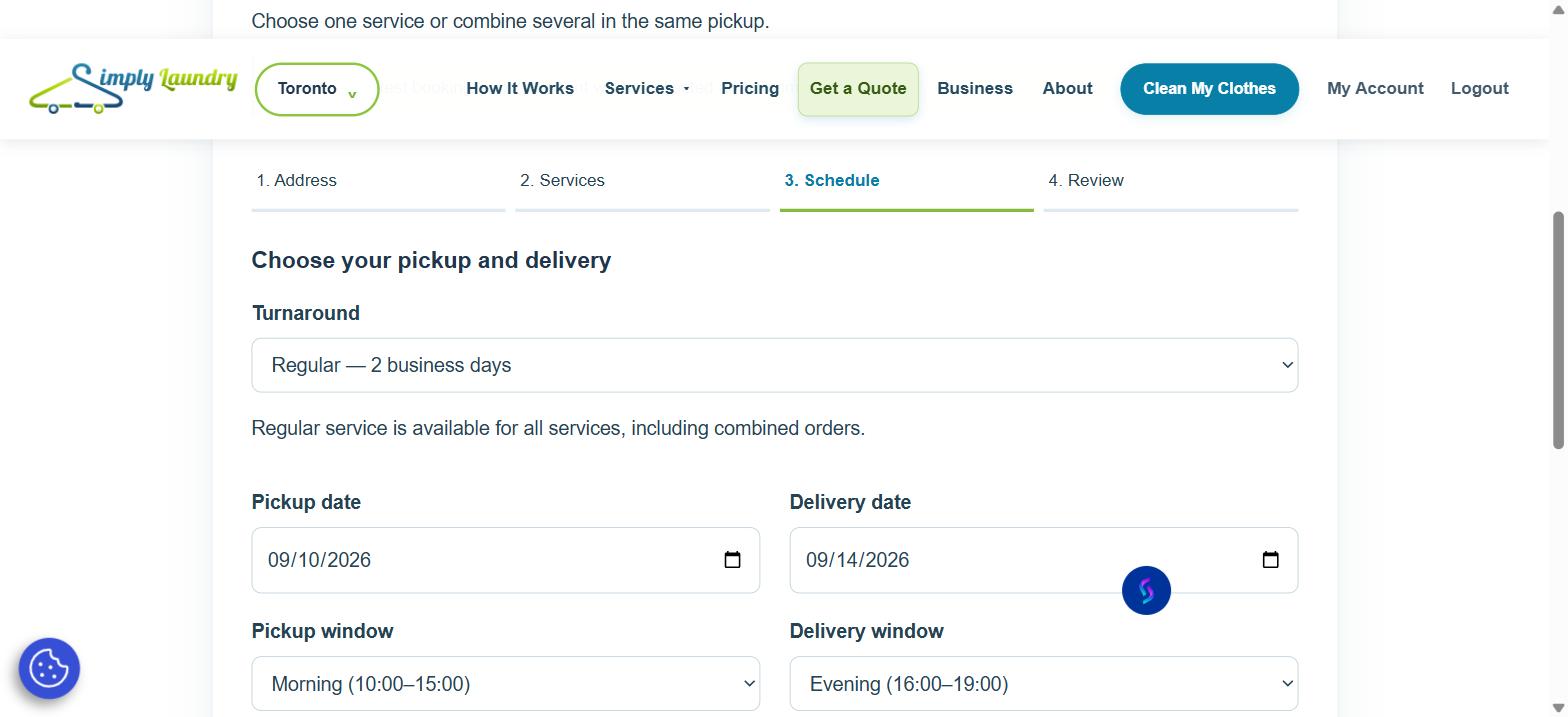 Schedule step of the Simply Laundry booking flow, showing pickup and delivery date and time window selectors