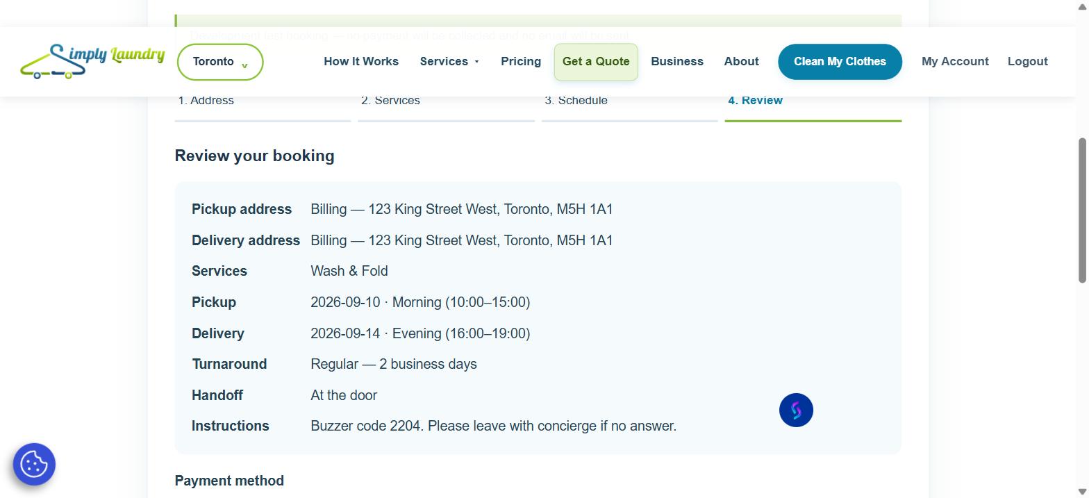 Review step of the Simply Laundry booking flow, summarizing the addresses, service, schedule and instructions
