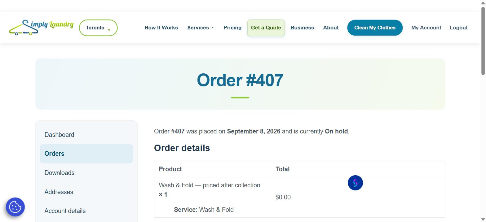 Order confirmation screen showing the order number and status after submitting a Simply Laundry booking